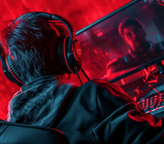 Een gamer met een koptelefoon achter een pc met rode neonverlichting