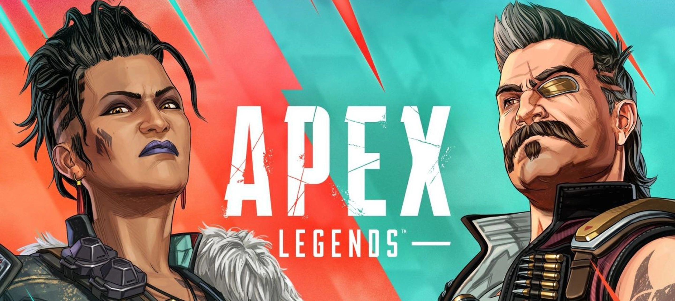 Twee personages uit Apex Legends tegen een felrode en groene achtergrond