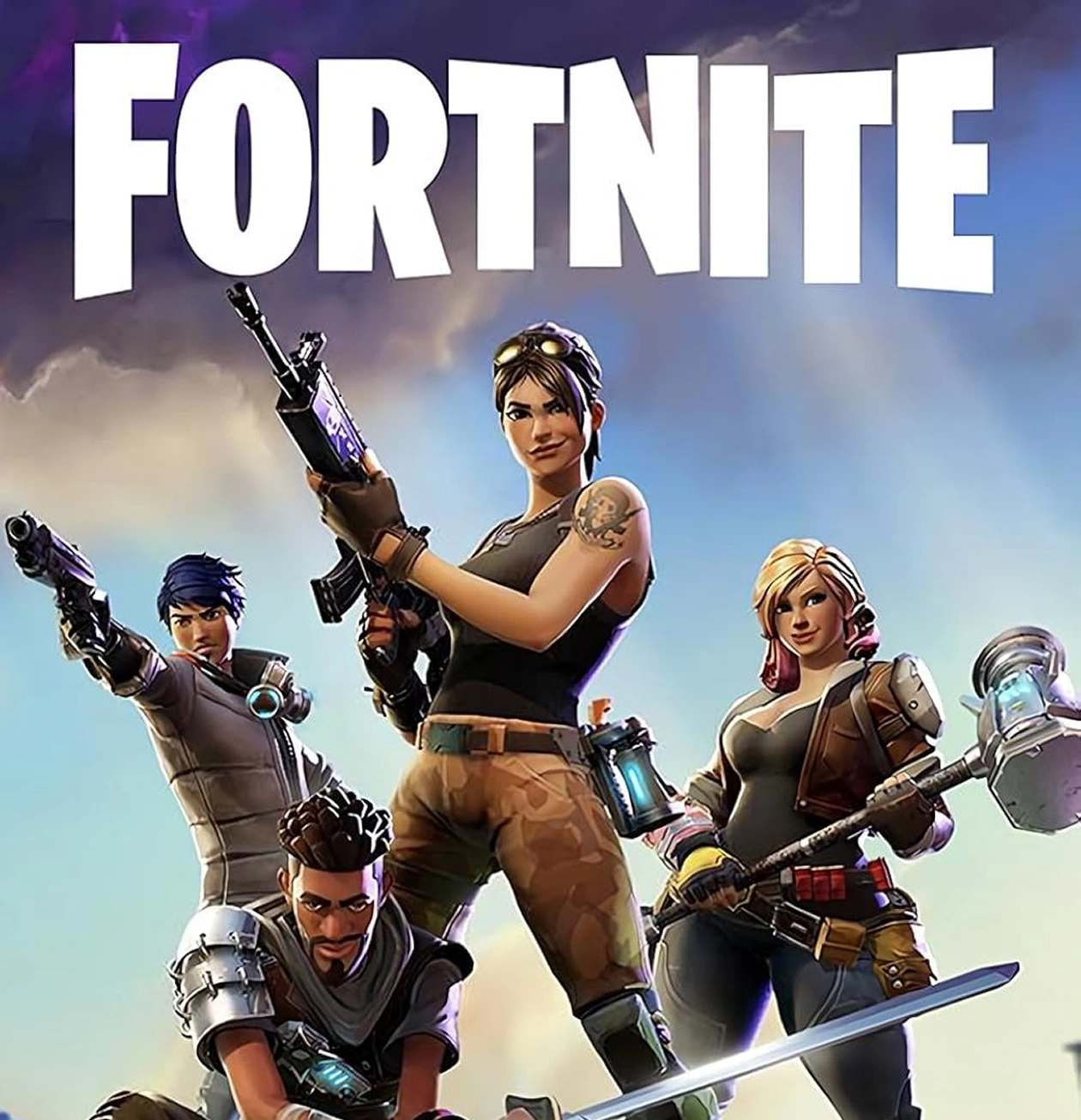 Fortnite-personages met wapens en pikhouwelen tegen de achtergrond van een storm