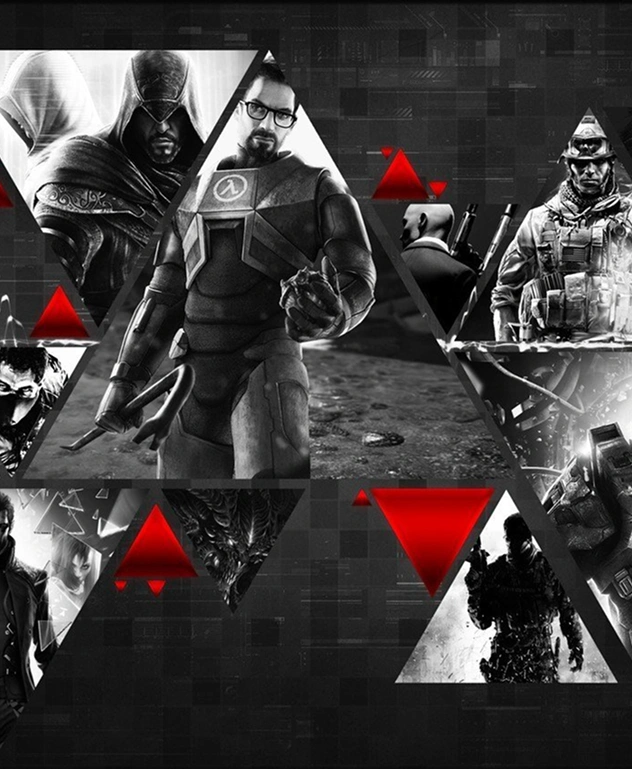 Een collage van videogamekarakters in zwart-wit met rode geometrische elementen