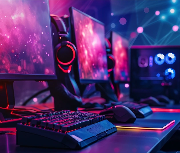 Gamingcomputers met neonverlichting en gaming-randapparatuur