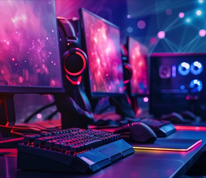 Gamingcomputers met neonverlichting en gaming-randapparatuur