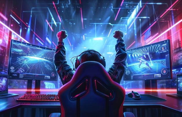 De gamer steekt zijn handen in de lucht voor de beeldschermen na zijn overwinning in het spel