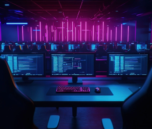 Een neonverlichte gamingarena met rijen computers en e-sportplekken