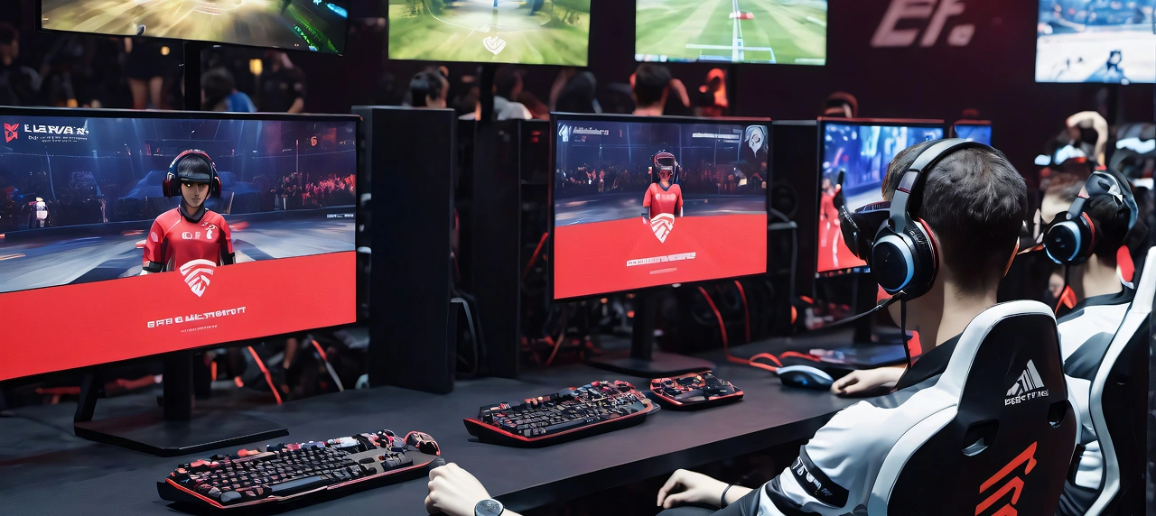 Een team van gamers neemt deel aan een toernooi achter computers met grote beeldschermen