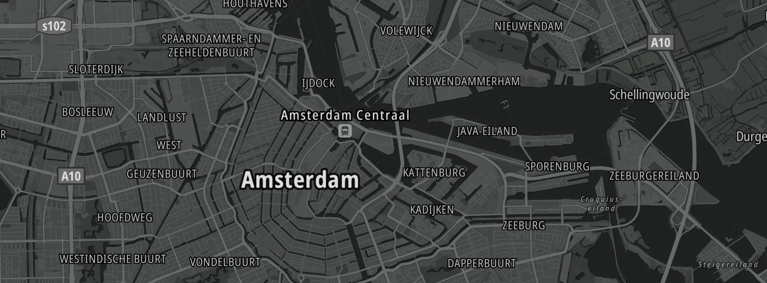 Google-kaart van Amsterdam in zwart-wit met wegen en straten