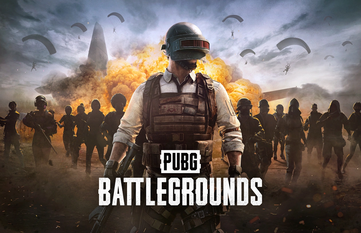 Een PUBG-speler tegen de achtergrond van een explosie en parachutisten