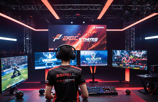 Een esports-speler achter een computer op het podium met meerdere beeldschermen