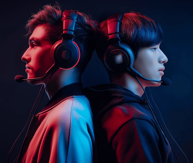 Twee esportsers met een koptelefoon op staan met hun rug naar elkaar toe voor de wedstrijd