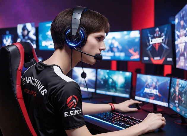 Een gamer met een headset zit geconcentreerd te gamen achter een pc met meerdere schermen