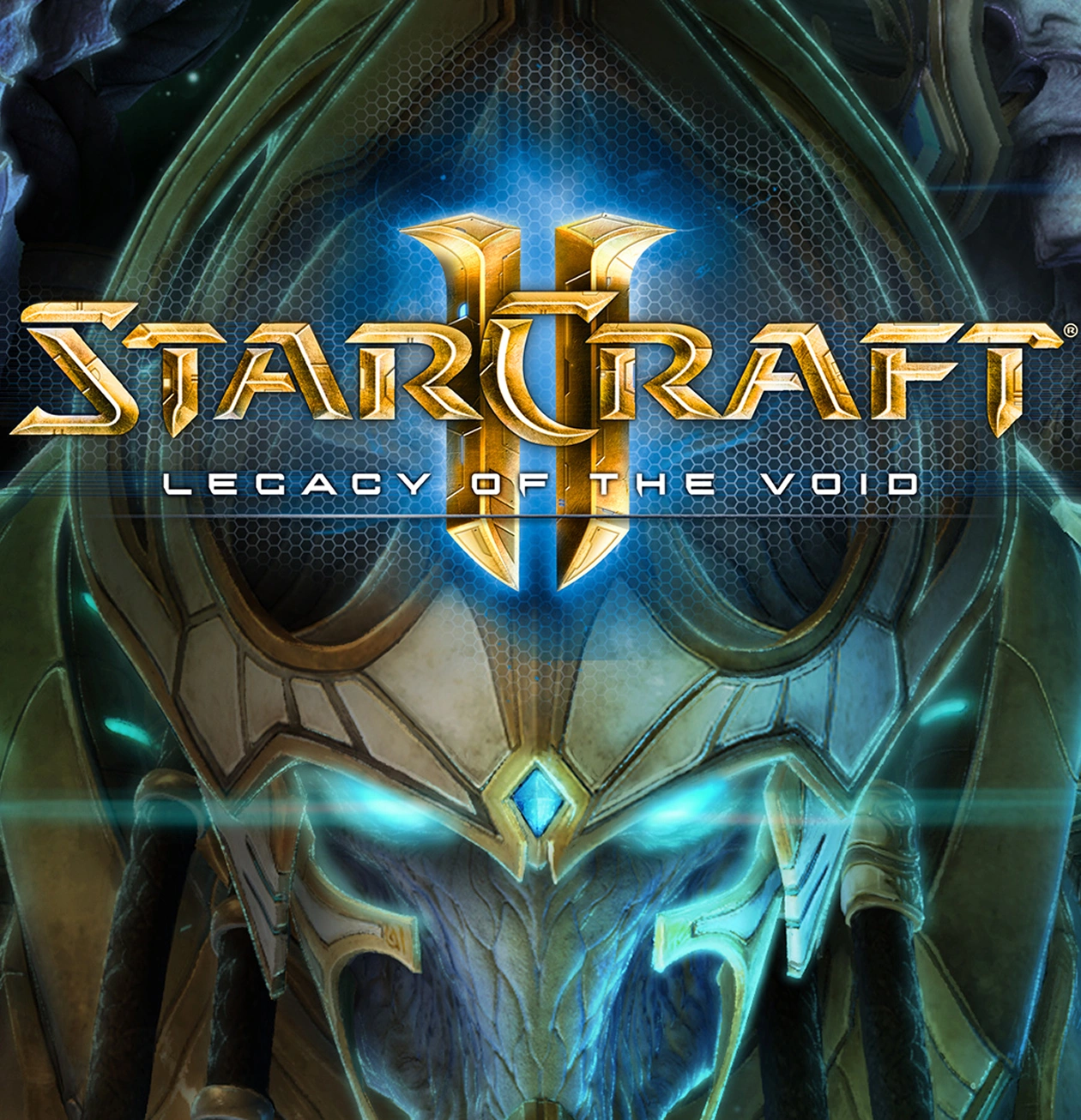 Protossen uit StarCraft II met gloeiende ogen en futuristische bepantsering