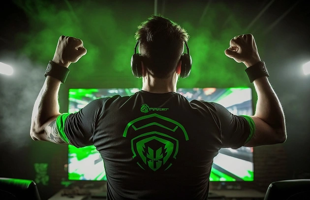 Een gamer met een koptelefoon op steekt zijn handen in de lucht na zijn overwinning