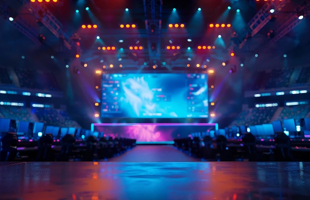 Een verlichte gamingruimte met een groot scherm en rijen computers in een e-sportarena