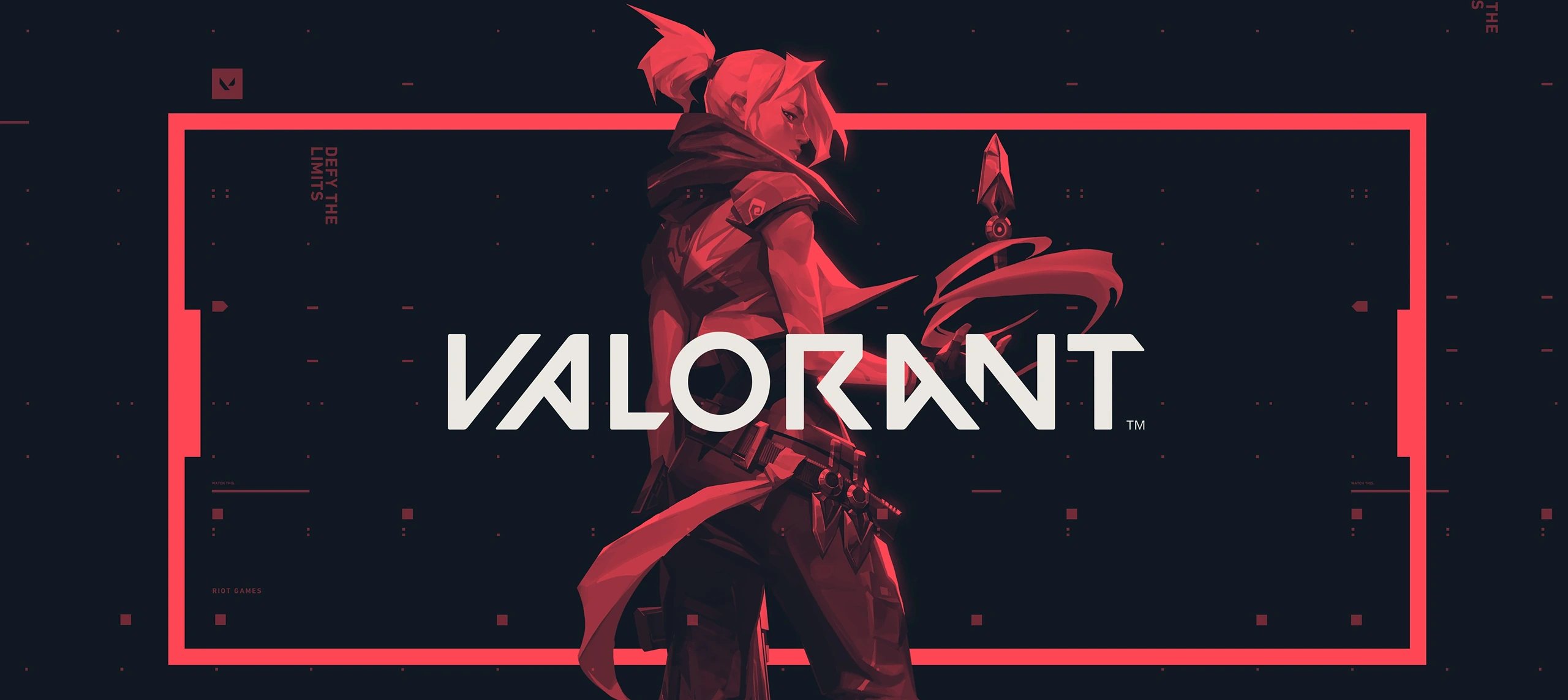 Een Valorant-personage op een donkere achtergrond met een rode rand en een logo