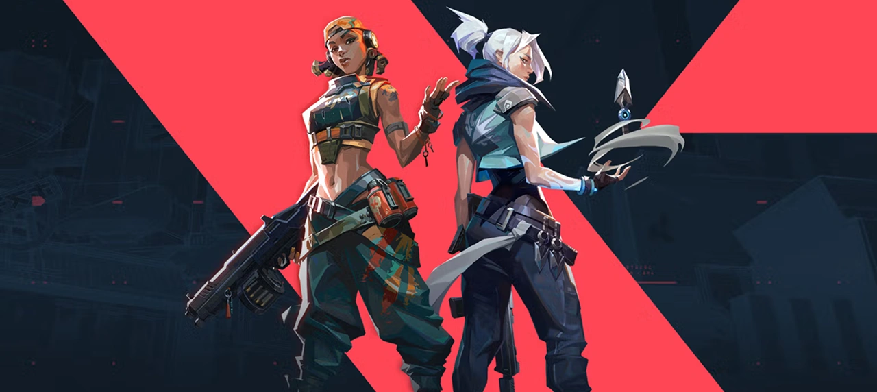 Tegen een rood-zwart achtergrond staan twee personages uit het spel Valorant
