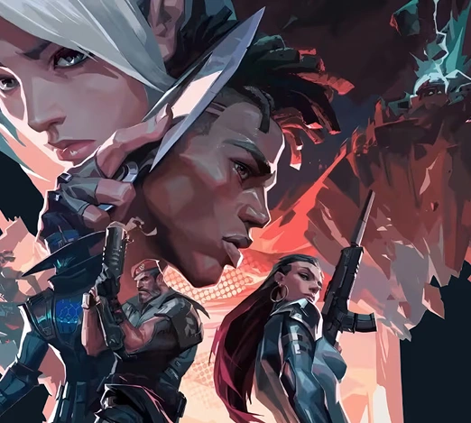 Illustratie met personages uit Valorant in een dynamische gevechtsscène met wapens en een neonachtergrond