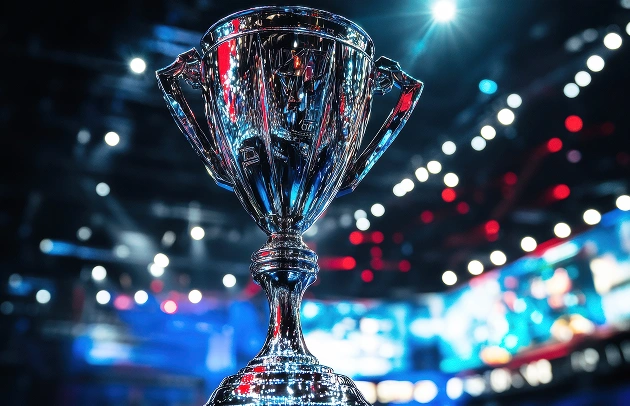 Een glanzende trofee op het podium van een esports-toernooi, verlicht door felle lampen