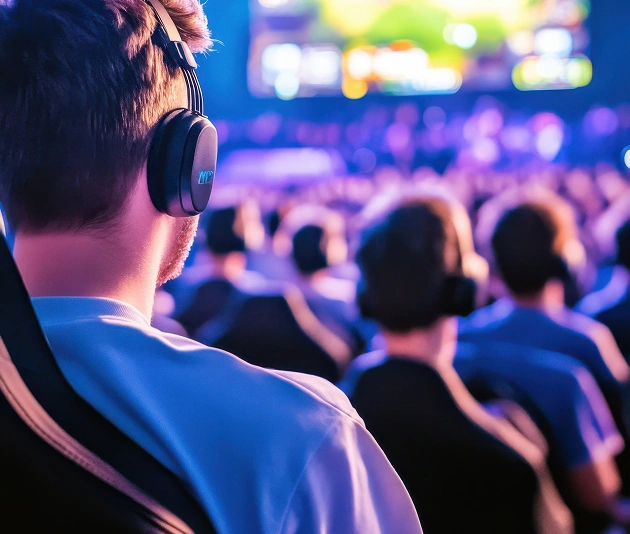 Toeschouwers met koptelefoons kijken naar een esports-toernooi op het grote podium