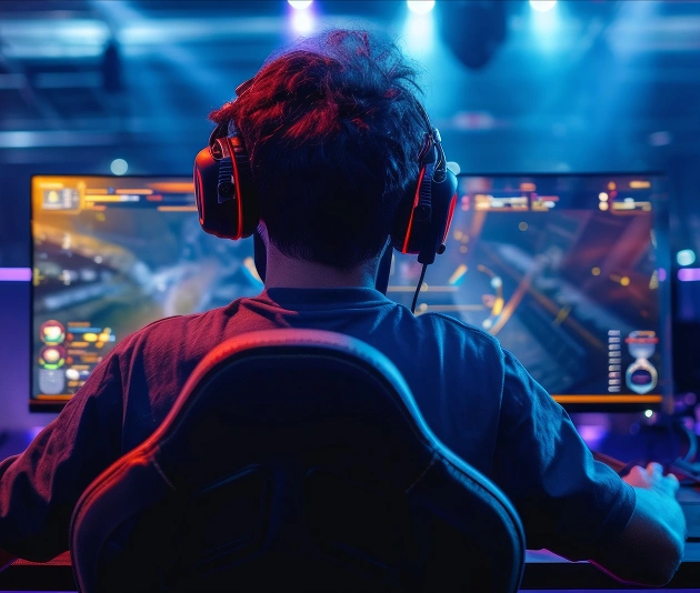 Een gamer met een koptelefoon achter de computer tijdens een esports-toernooi