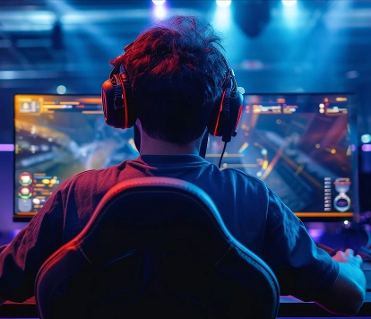 Een gamer met een koptelefoon achter de computer tijdens een esports-toernooi